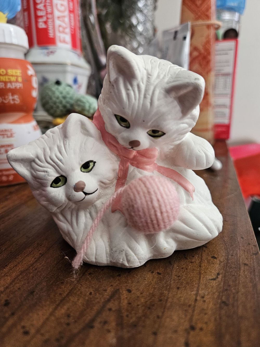 White Ceramic Cat Duo Figurine with Pink Yarn Accent